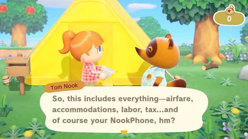 A screenshot from an Animal Crossing: New Horizons YouTube video showing the player character speaking with Tom Nook.