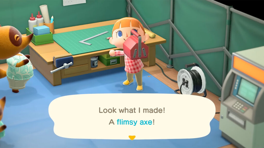 A screenshot from an Animal Crossing: New Horizons YouTube video showing the player crafting an axe.