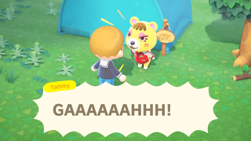 A screenshot from an Animal Crossing: New Horizons YouTube video showing one of the many animal villagers.