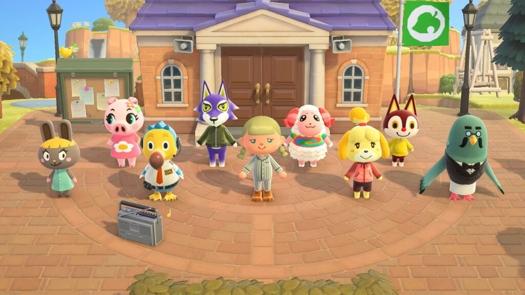 A screenshot from an Animal Crossing: New Horizons YouTube video showing villagers outside Resident Services.