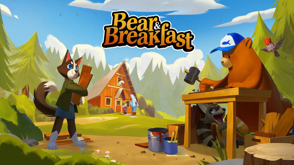 The official artwork for Bear & Breakfast, showing the game's major characters.