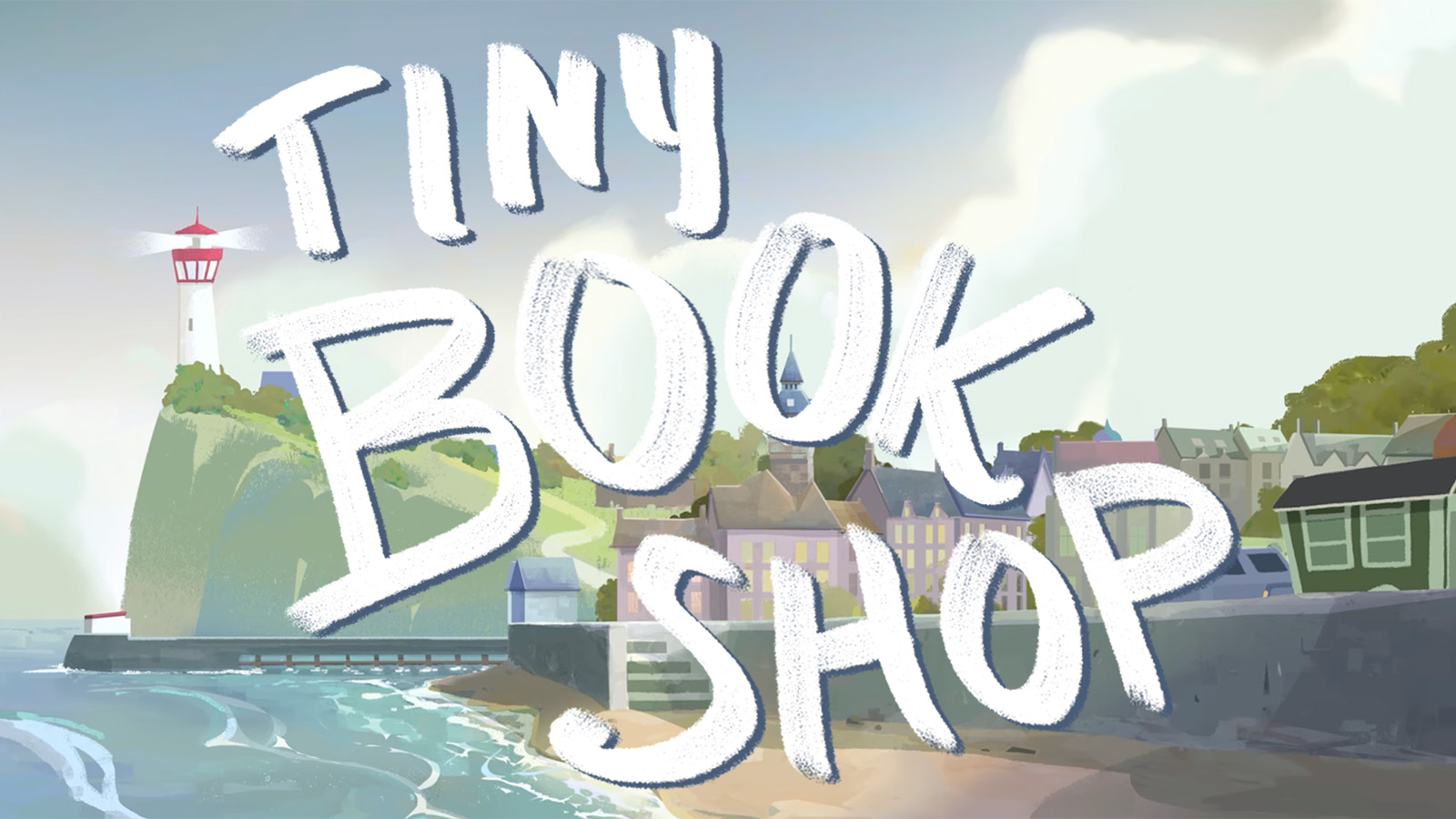 The official art for Tiny Bookshop with the game's logo imposed over the top.