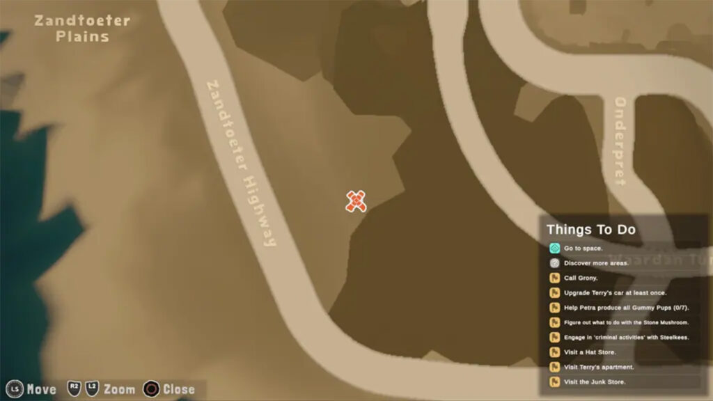 A screenshot of Tiny Terry's Turbo Trip showing the location of a trash can on a map of Sprankelwater. 