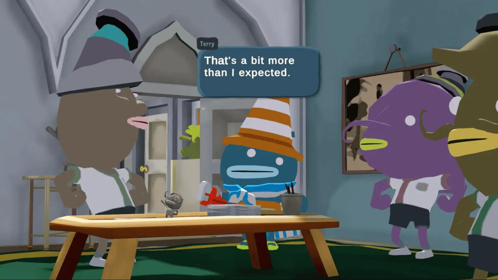A screenshot of Tiny Terry's Turbo Trip showing Terry speaking with government officials.