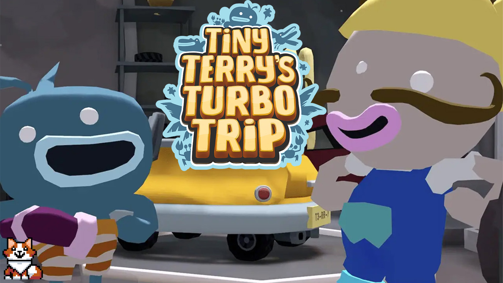 A screenshot from Tiny Terry's Turbo Trip with the game's logo imposed over the middle.