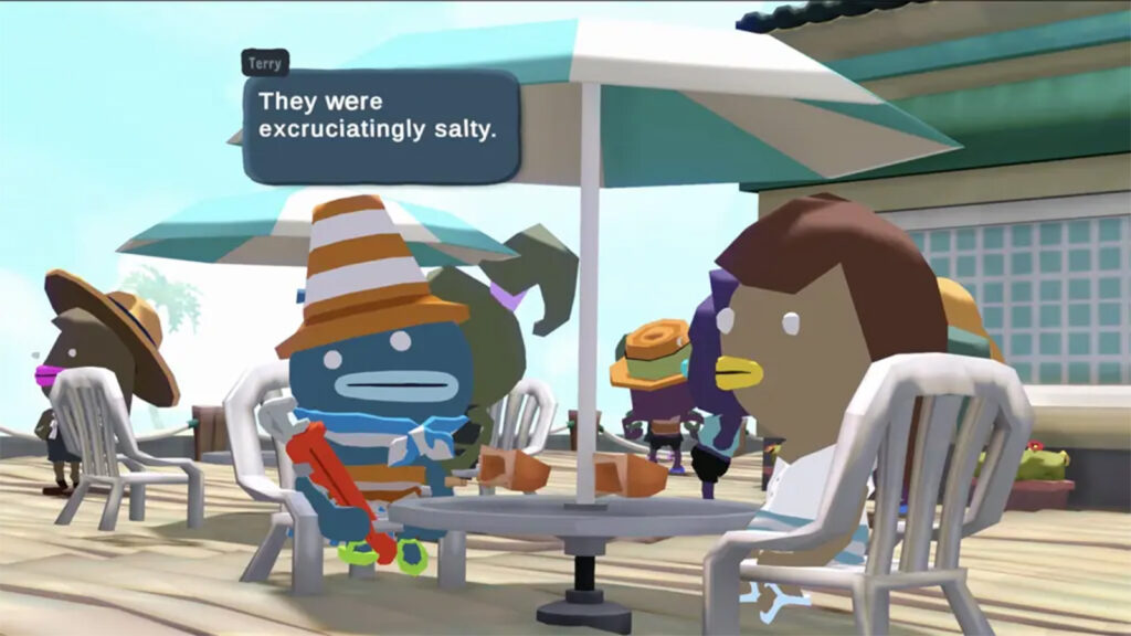 A screenshot of Tiny Terry's Turbo Trip showing Terry sharing french fries with Griatta.