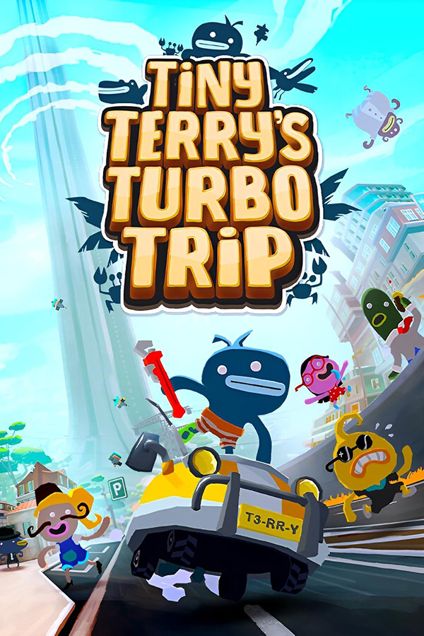 The official artwork for Tiny Terry's Turbo Trip showing Terry and the locals of Sprankelwater.