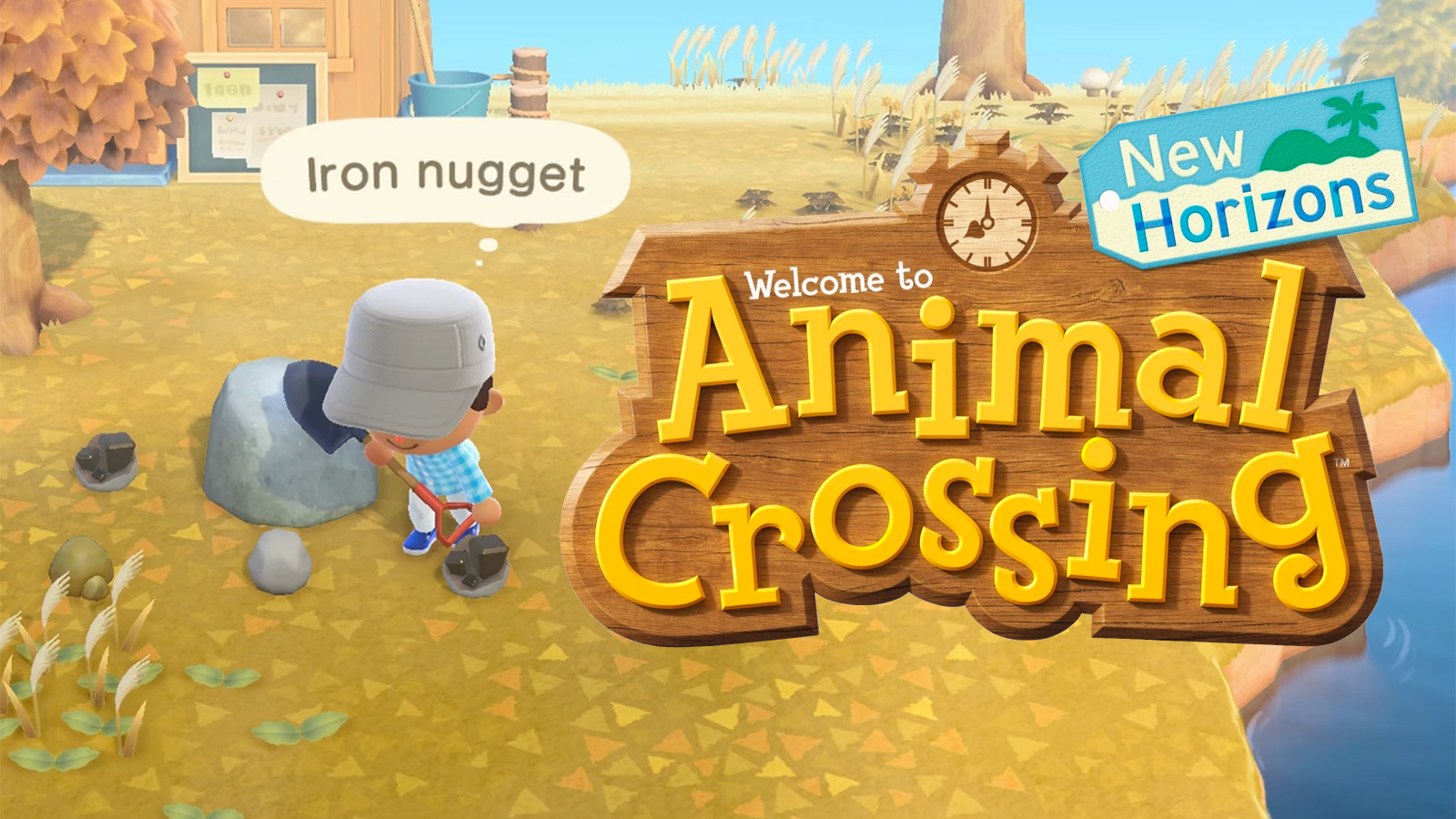 Animal Crossing: New Horizons player character picking up stone resource.