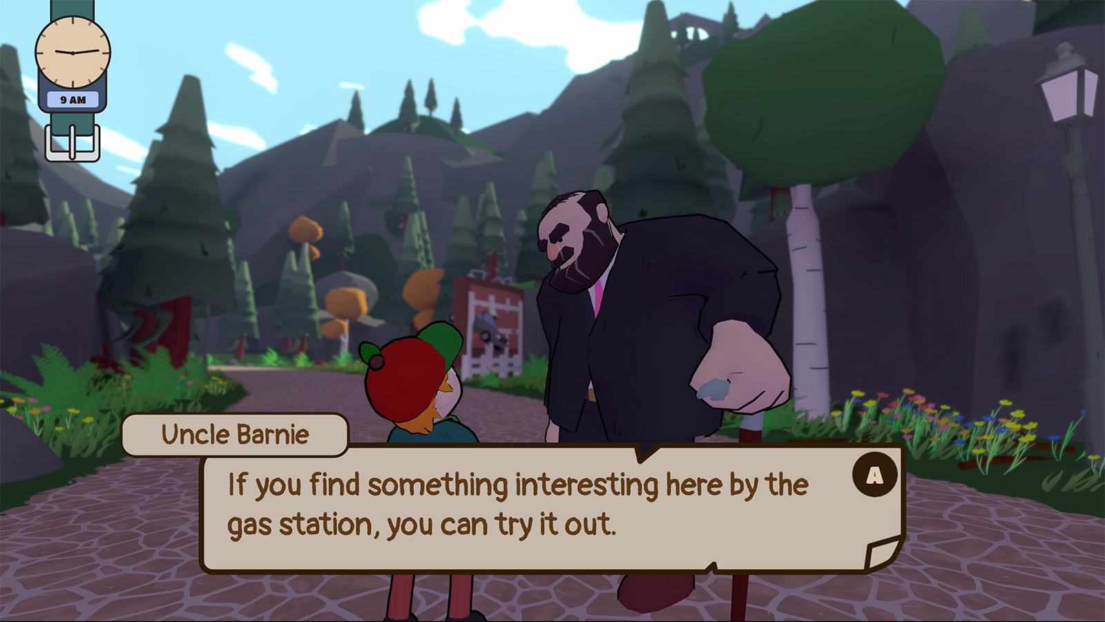 A screenshot from Nothing Strange Here, showing me speaking with Uncle Barnie at the start of the demo.