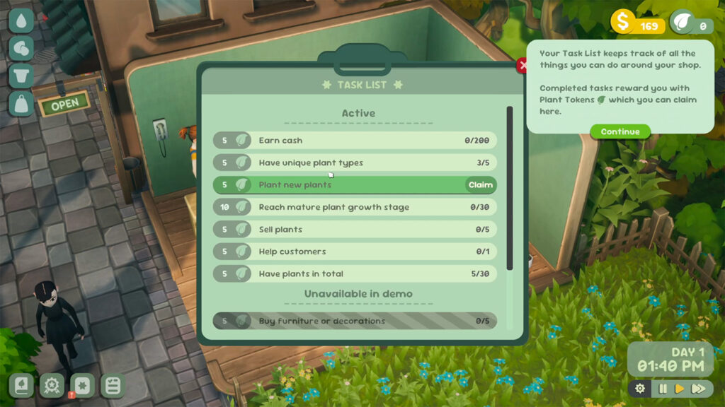 A screen grab of some of the objectives you'll need to complete in the Leafy Corner demo.