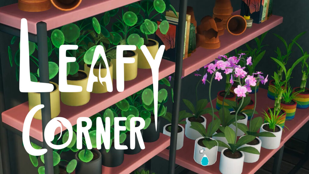A screenshot from my Leafy Corner demo and the game's logo.