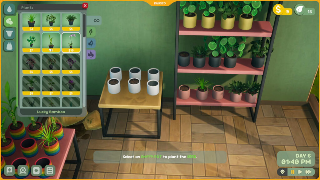 A screen grab of some of the plants you can pot in the Leafy Corner demo.