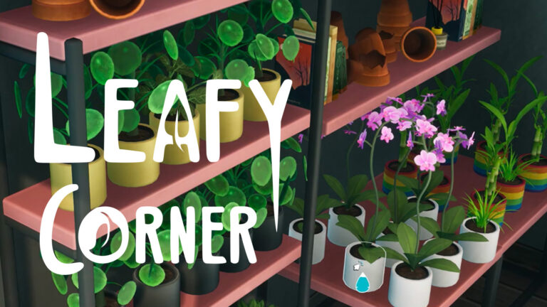 A screenshot from my Leafy Corner demo and the game's logo.